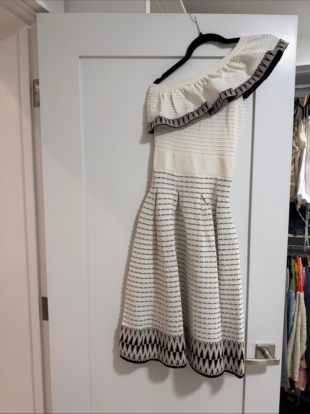 Maje Cream One-Shoulder Ruffle Knit Dress with Black Trim